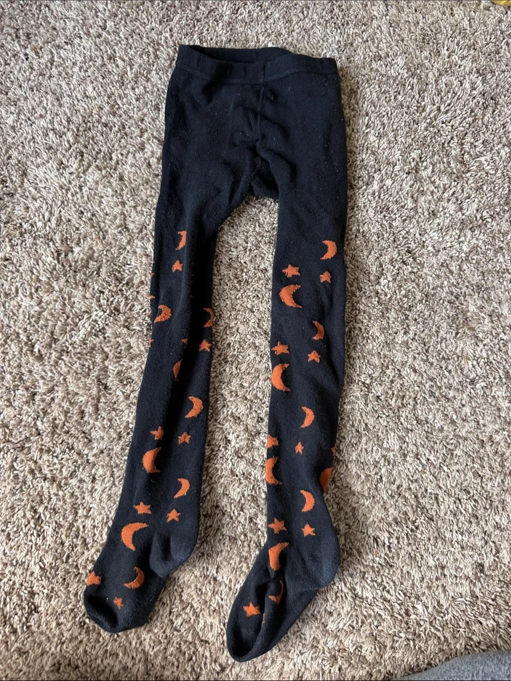 Black Kids Tights with Orange Moon & Star Motif